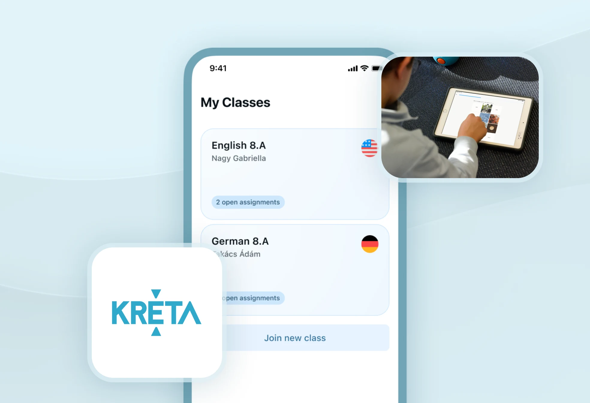 Screenshot der KRÉTA-Integration von Xeropan, der einen Schüler zeigt, der ein Tablet benutzt und die Funktion „Meine Klassen“, die K-12-Schülern den Zugriff auf den gesamten Lehrplan ermöglicht.